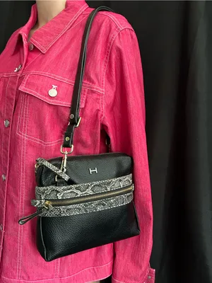 Halston Leather Black Crossbody Bag with Snake-Print Trim thumbnail 3