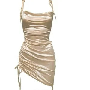 LEAU Champagne Satin Bodycon Mini Dress Ruched Drawstring Adjustable Tie XS thumbnail 10