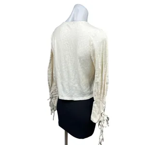 Zara Womens White Cream Ribbed Tie Long Sleeve Crew Cropped Sweater Top Size S thumbnail 3