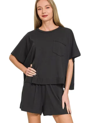 NEW Zenana Black Exposed Seam Boxy Top & Shorts Set – Small thumbnail 1