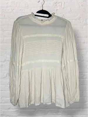 Polagram Cream Pintuck Lace Blouse Cottagecore Boho Ruffle S thumbnail 1