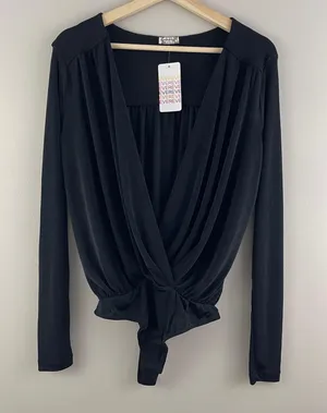 Free People Black Plunging V Neck Faux Wrap Long Sleeve Turnt Bodysuit NEW thumbnail 4
