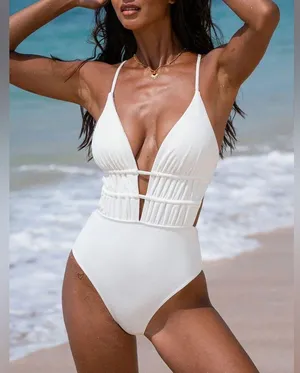 Berlook White Textured Plunge One-Piece Swimsuit thumbnail 3