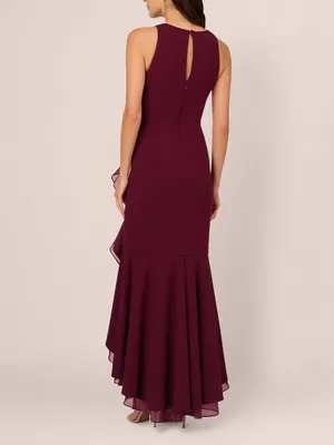 Adrianna Papell High Low Crepe Halter Gown Organza Draping In Cabernet Size‎ 4 thumbnail 2