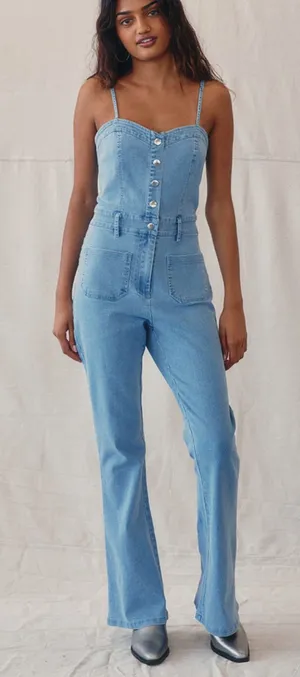 West Of Melrose Denim Flare Jumpsuit Size S thumbnail 1
