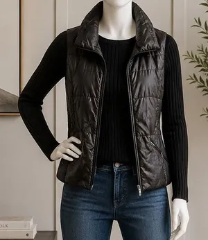 Miss Bolini Womens Jacket Quilted Puffer Ribbed Knit Wool Blend Brown Size S thumbnail 1