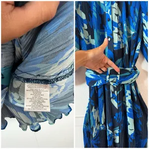 Ciebon XS Blue Pleated Floral Belted Mini Dress Balloon Sleeve Button Front thumbnail 8
