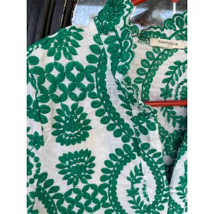 Sunday Up Green White Floral Embroidered Ruffle Neck Blouse Pearl Button Medium thumbnail 3