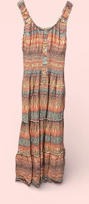 Source Unknown Cute stretchy tiered shell button front maxi dress aztec boho breezy smocked thumbnail 2