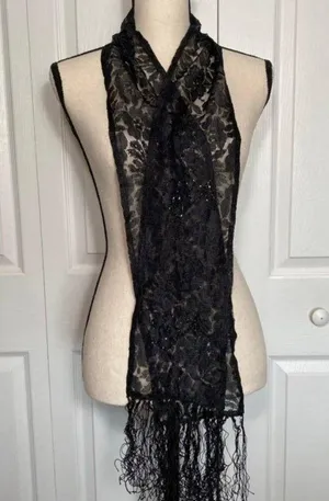 Vintage Black Lace 70 inch Scarf with Fringe thumbnail 1