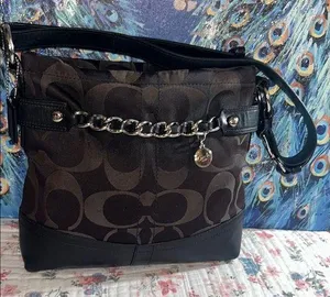 Vintage Coach Sateen Monogram and Leather/Silver Chain Shoulder/Crossbody Bag thumbnail 1