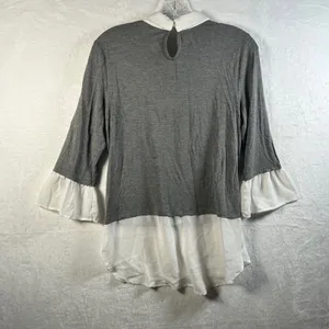 ELLE Women Gray White Layered Collared 3/4 Sleeve Shirt‎ Top Size S thumbnail 2
