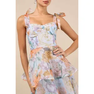 Lulus Playfully Posh Blue Floral Organza Tie-Strap Tiered Midi Dress Medium NWT thumbnail 4