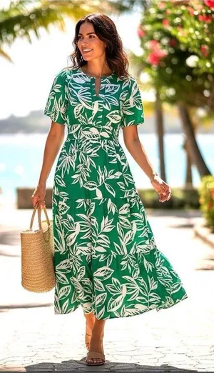 Anthropologie Meadow Rhodes Green Leaf Print Dress thumbnail 1