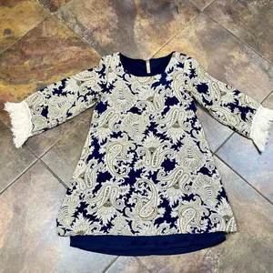 Entro Women’s Paisley Crewneck Long Sleeve Fringe Dress Small thumbnail 5
