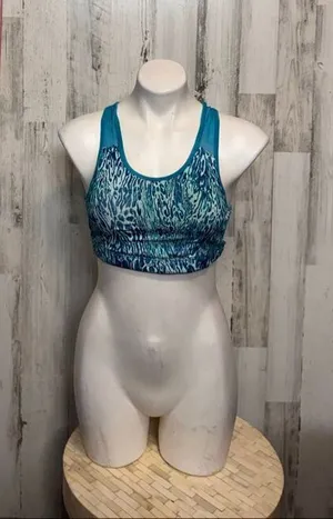 Blue Teal Cheetah Animal Print Sports Bra Womens Medium Racerback Mesh Cutout thumbnail 1