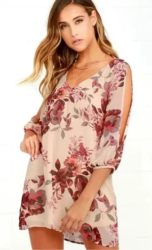 Lulu’s Shifting Dears Beige floral design L mini dress thumbnail 1