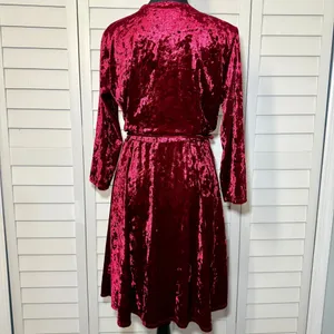 Burgundy Crushed Velvet Long Sleeve Faux‎ Wrap Dress thumbnail 3
