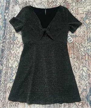 Urban Outfitters NWT Sparkly Tie Front Black Short Sleeve Dress Size Medium thumbnail 1
