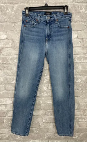7 For All Mankind Medium Blue High Waist Cropped Straight Jeans thumbnail 1