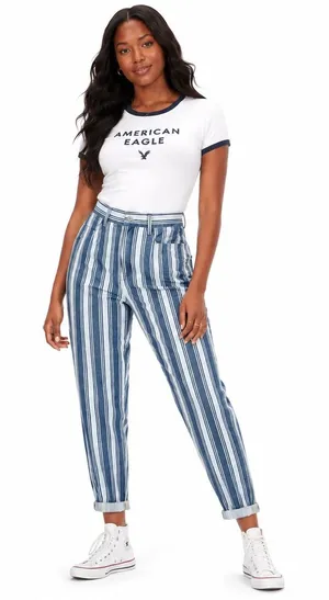 American Eagle Mom Jean Striped Denim Pants Blue White High Rise Tapered Size 2 thumbnail 1