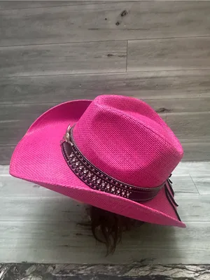 Silver Rodeo Women's Pink Straw Cowboy Hat with Studded Western Band thumbnail 4