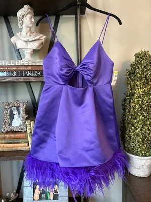 Alice + Olivia Necole Cutout Feather Hem Mini Dress Purple Womens 6 thumbnail 5