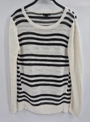 AQUA Bloomingdale’s boho summer beach Striped Black and White Sweater Medium thumbnail 1