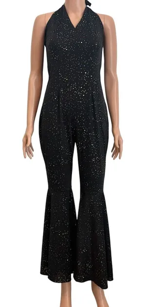 small rainbow glitter disco halter bell bottom costume jumpsuit P3 3521 thumbnail 1