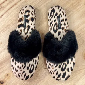 Victorias Secret Leopard Print Faux Fur Trim Satin Slippers‎ Tan Black Medium thumbnail 5