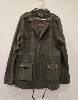Miss Me Olive Green military utility jacket beaded embroidery Aztec Pattern L thumbnail 1