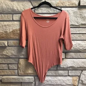 American Eagle Soft & Sexy Ribbed Short Sleeve Thong Bodysuit Rust large thumbnail 3