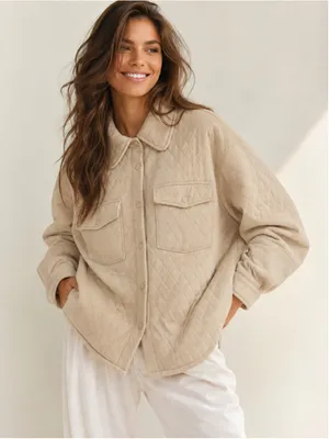 Mountain and Isles Shacket Beige Quilted Snap Oversized Jacket Cozy Neutral Boho thumbnail 1