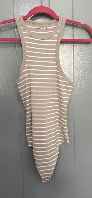 Abercrombie & Fitch Soft A&F Rib Tan Striped Sleeveless High Neck Bodysuit M thumbnail 1
