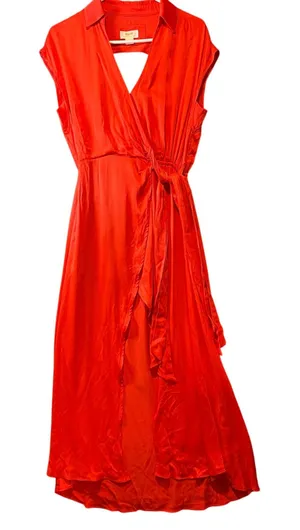 Anthropologie Maeve Open Back Satin Wrap Midi Dress Orange Size Small Summer‎ thumbnail 1