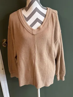 Aerie Women's V-Neck Sweater in Tan thumbnail 1