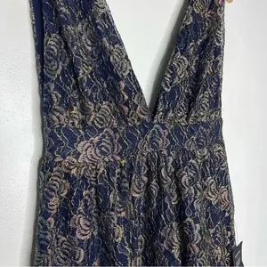 Lulus Tawny Navy Blue and Gold Metallic Lace Skater Dress Size Small NWT thumbnail 5