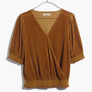 Madewell Velvet Smocked Crossover Wrap-Style Top Blouse in‎ Antique Gold Size XL thumbnail 4
