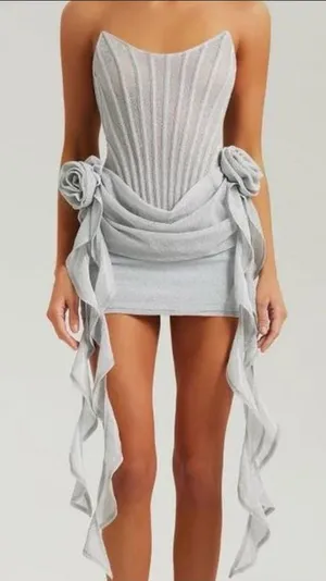 Heiress Beverly Hills Silver lurex corset drape mini‎ dress with flowers size L thumbnail 1