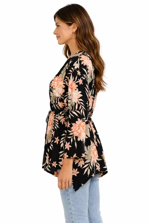 Billabong Black Floral Boho Kimono Top Peplum Waist Tie Women’s M/L thumbnail 3