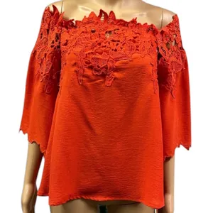 Umgee Red Orange Lace Appliqué Off Shoulder Top Sleeve Detail Womens Small thumbnail 3