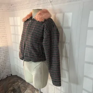 Urban outfitters Colette houndstooth pink fur collar jacket size small thumbnail 6