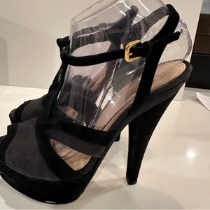 Prada Platform Stiletto T-strap Sandals Sz 39 Suede Black Gray Heels Peep Toe thumbnail 6