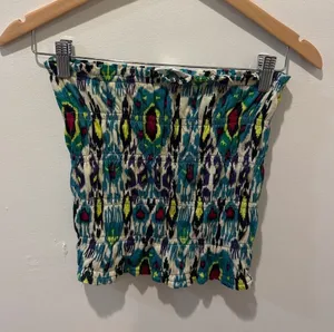 Anthropologie‎ Ikat Smocked Tube Top XS Teal Yellow Pink Cotton Strapless Crop thumbnail 1