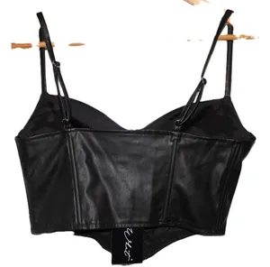 NWT Womens Say What Black Faux Leather Adjustable Straps Bustier Crop Top Size M thumbnail 2