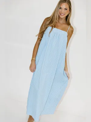 NWT Worth Collective Grier Dress maxi midi blue stripe tie back pockets thumbnail 3