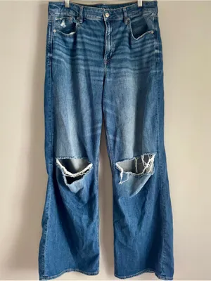 American Eagle Super High Rise Baggy Wide Leg Stretch Distressed Jeans 12 Long thumbnail 2