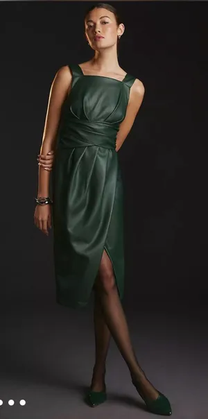 NWOT By Anthropologie Green Twist-Front Faux Leather Dress Size 8 thumbnail 1