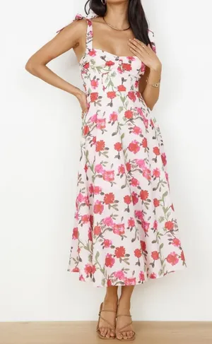 Here Comes the Sun Floral Tie Strap Fit & Flare Midi Dress White Pink Medium thumbnail 1