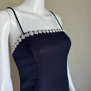 VTG 90’s Chiffon Layered Maxi Dress With Silver Flower Beaded Trim Prom Navy thumbnail 7